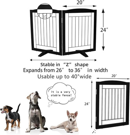 ZJSF Freestanding Dog Fence Indoor, Foldable Dog Gate for Doorways, Stairs or Hallways, Sturdy Wood Extra Wide Pet Gate with Support Feet for The House, Black, 24 "Height-2 Panels