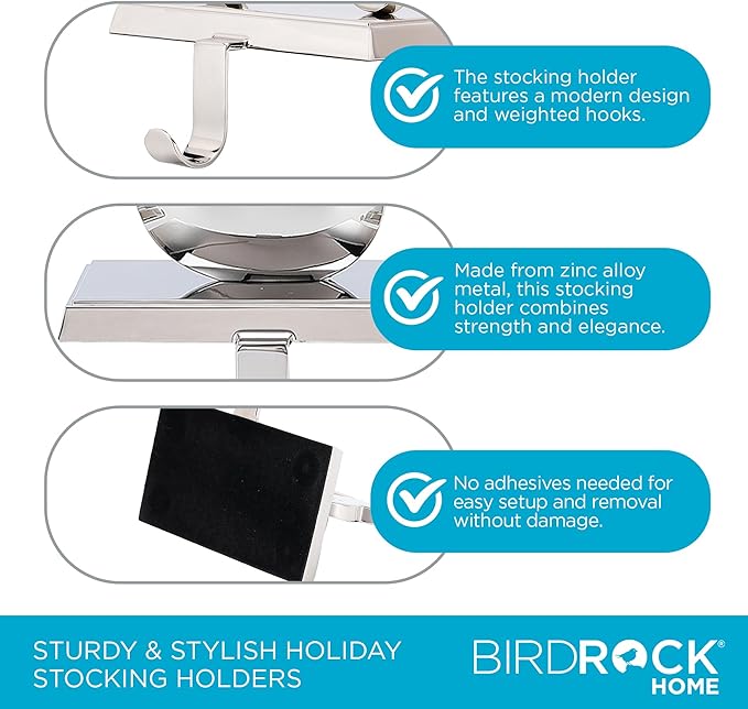 BIRDROCK HOME Christmas Stocking Holders for Mantle - Weighted Metal Hanger for Stockings & Holiday Decor - Metal Hook for Fireplace, Staircase, Shelf - Non-Scratch Base - Holiday Collection, Set of 4