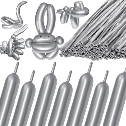 KAWKALSH 260 Metallic Silver Long Balloons for Balloon Garland Thickening Skinny Latex Twisting Animals Modeling Christmas Birthday Wedding Party Festival Decorations 100pcs
