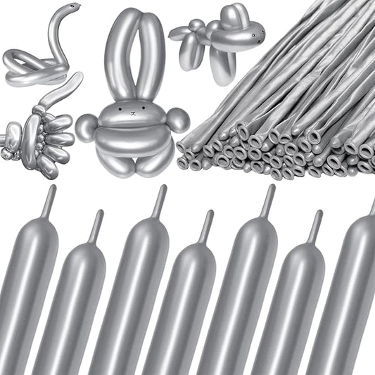 KAWKALSH 260 Metallic Silver Long Balloons for Balloon Garland Thickening Skinny Latex Twisting Animals Modeling Christmas Birthday Wedding Party Festival Decorations 100pcs
