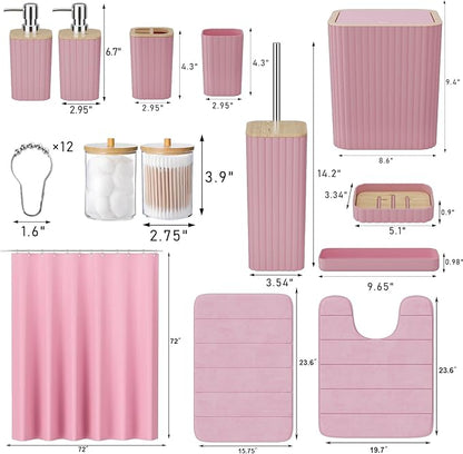 Bathroom Accessories Set - 25PC Pink Bathroom Set, Bathroom Set with Shower Curtain and Rugs, Pink Shower Curtain Set, Toilet Brush, Bathroom Trash Can