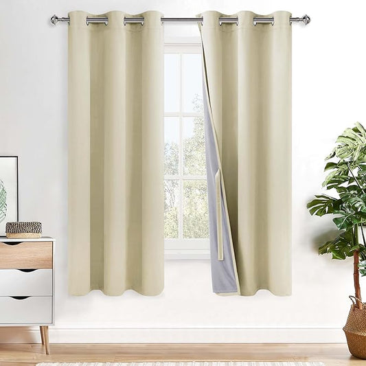 XWZO 100% Blackout Curtains 63 Inches Long with Tiebacks- Heat and Full Light Blocking, Thermal Insulated Window Panels with Grommets for Bedroom/Nursery, Beige, W38 x L63, Set of 2 Draperies