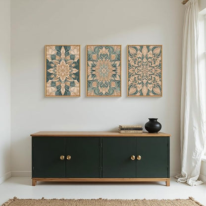 HLNIUC Large Mandala Flower Wall Art Set of 3, Green Scandinavian Botanical Framed Wall Decor(24x36),Norwegian Folk Art Canvas, Bohemian Mexican Vintage Plant Print for Living Room, Bedroom, Office
