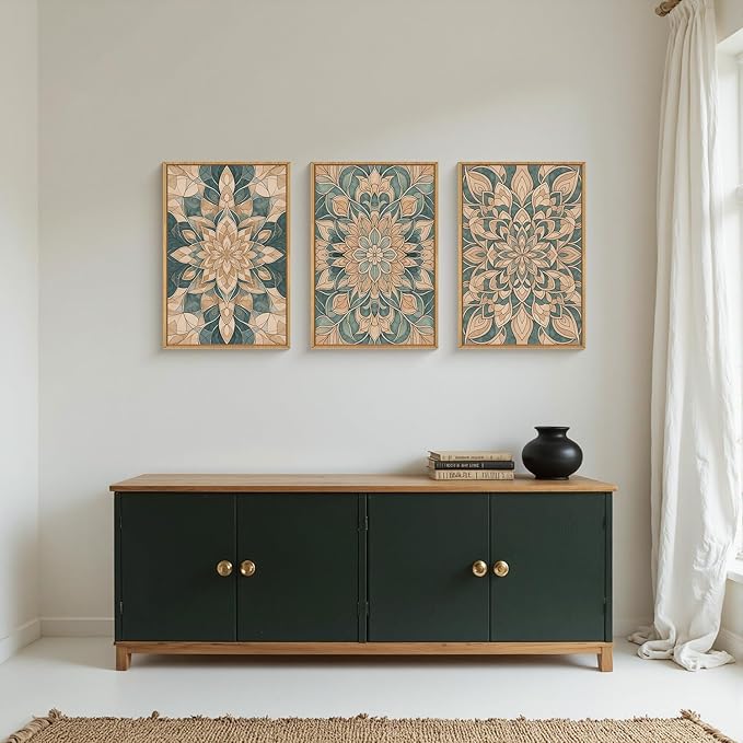 HLNIUC Mandala Flower Wall Art Set of 3, Green Scandinavian Botanical Framed Wall Decor(16x24),Norwegian Folk Art Canvas, Bohemian Mexican Vintage Plant Print for Living Room, Bedroom, Office