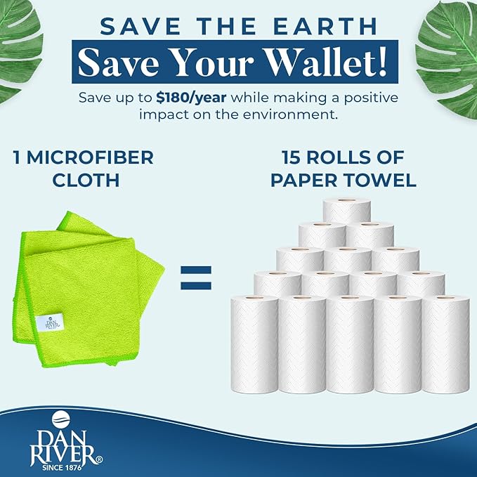 DAN RIVER 24-Pack Green Microfiber Towels – Ultra Absorbent, Lint-Free & Streak-Free Cleaning Cloths for Home, Car & Kitchen - Must-Have Cleaning Essentials - 12" x 12"