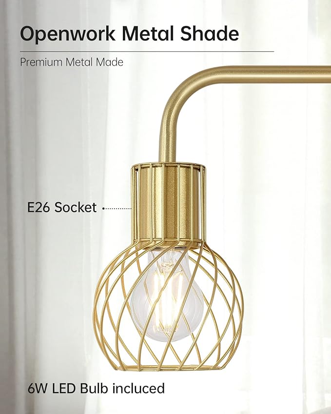 Brass Gold Standing Floor Lamp for Living Room - Modern Industrial Design with 6W LED Bulb, Foot Switch, Metal Tall Stand, Minimalist Farmhouse Boho Style for Bedroom & Office