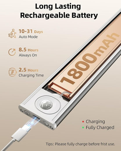 Under Cabinet Lighting Wireless,Rechargeable Battery Motion Sensor Light Indoor,LED Closet Lights USB Charging,3 Color Dimmable Under Cabinet Lights for Kitchen, Cabinet, Wardrobe (3 Pcs) 8inch