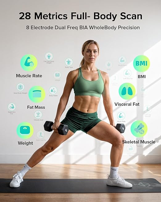 RunStar Scale for Body Weight and Fat, Full-Body Bathroom Scale with 8 Electrodes for BMI, Muscle Mass, High-Accuracy Body Composition Monitor with 28 Metrics & App Connectivity, 3-Metric Display