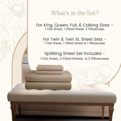 Split King Sheet Set, 100% Cotton Bed Sheets Split King Size Sheets Deep Pocket Set, 800 Thread Count Sateen Weave 4 Piece Luxury Bedding, Soft & Breathable No Pill Fade Resistant – Taupe