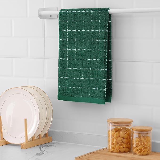 Mordimy 100% Cotton Terry Cloth Kitchen Towels, Super Soft and Absorbent Dish Towels for Drying, Checkered Designed Hand Towels for Kitchen, 16 x 26 Inches, 8 Pack, Dark Green