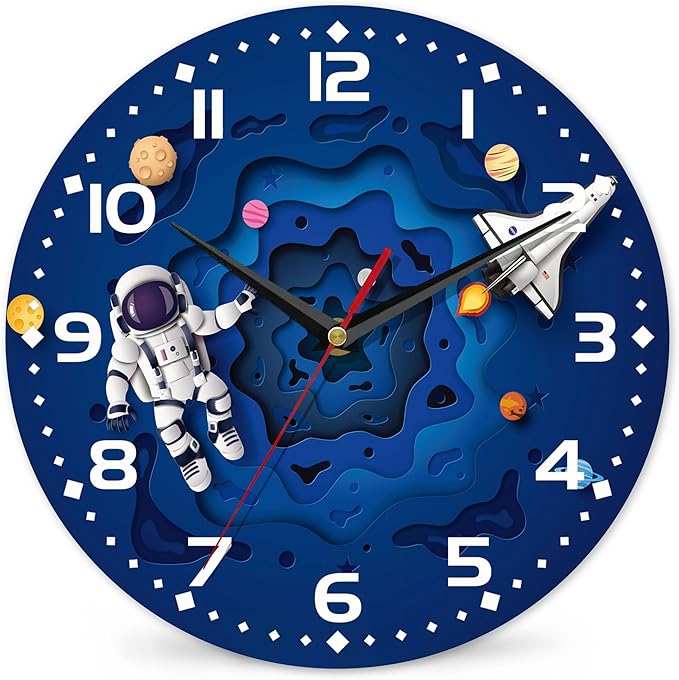 Space Travel Style Wall Clock Vintage Wooden Wall Clock Silent Non-Ticking Battery Operated Arabic Numerals Wall Clocks Decorative for Kitchen, Office, Classroom 10 Inch