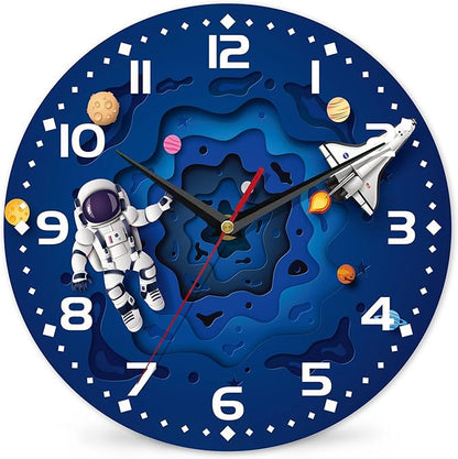 Space Travel Style Wall Clock Vintage Wooden Wall Clock Silent Non-Ticking Battery Operated Arabic Numerals Wall Clocks Decorative for Kitchen, Office, Classroom 10 Inch