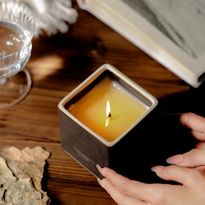 Candles for Home Scented, Modern Rustic Ceramic Candle Jar, Soy Candles Non Toxic in Elegant Ceramic Jar, Dark Leather & Oud
