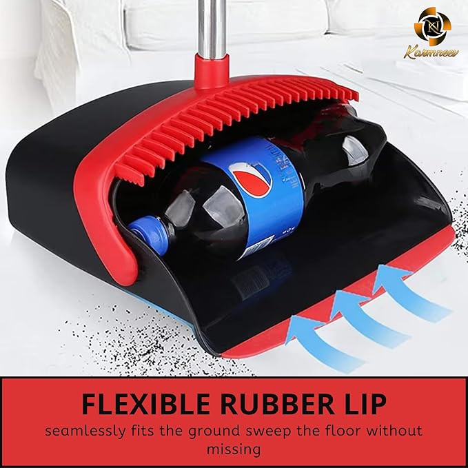 Standing Broom and Dustpan Set, Built-in Scraper Teeth, No-Slip Grip, Dust Collection Tray for Home, Office, Lobby, and Outdoor, Adjustable Handle from 38.18" to 52" (Black and Red)