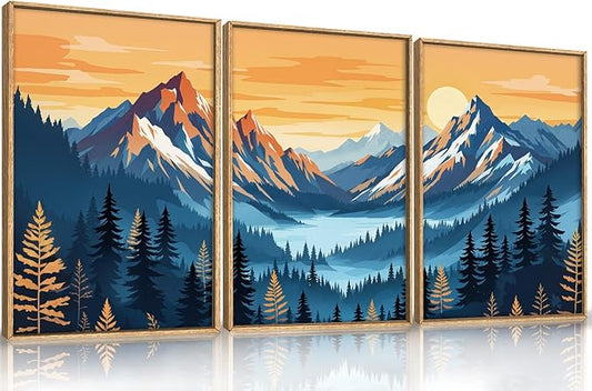 HLNIUC Boho Abstract Blue Orange Mountain Wall Art Framed, Large Pine Tree Ridge Wall Decor set of 3 (16"x24"), Sunset Forest Landscape Canvas Painting, Nature Prints for Living Room, Bedroom, Office