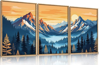 HLNIUC Boho Abstract Blue Orange Mountain Wall Art Framed, Large Pine Tree Ridge Wall Decor set of 3 (24"x36"), Sunset Forest Landscape Canvas Painting, Nature Prints for Living Room, Bedroom, Office