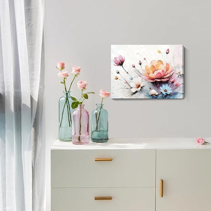 Amatop Canvas Wall Art Abstract Botanical Decor Pink White Blue Orange Colorful Flower Bouquet Print Small Size Art Work For Wall Decor Nature Landscape Canvas Picture For Bedroom Bathroom Office Dining Room 16X12In