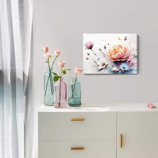 Amatop Canvas Wall Art Abstract Botanical Decor Pink White Blue Orange Colorful Flower Bouquet Print Small Size Art Work For Wall Decor Nature Landscape Canvas Picture For Bedroom Bathroom Office Dining Room 16X12In