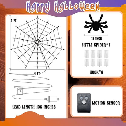 Vanthylit Halloween Decorations, Spider Web Lights Motion-Activated Sensor, 4FT 84LED Light Up Spider Web with Black Spider, Halloween Lights for Window Indoor Outdoor Horror Decor(Orange & Purple)