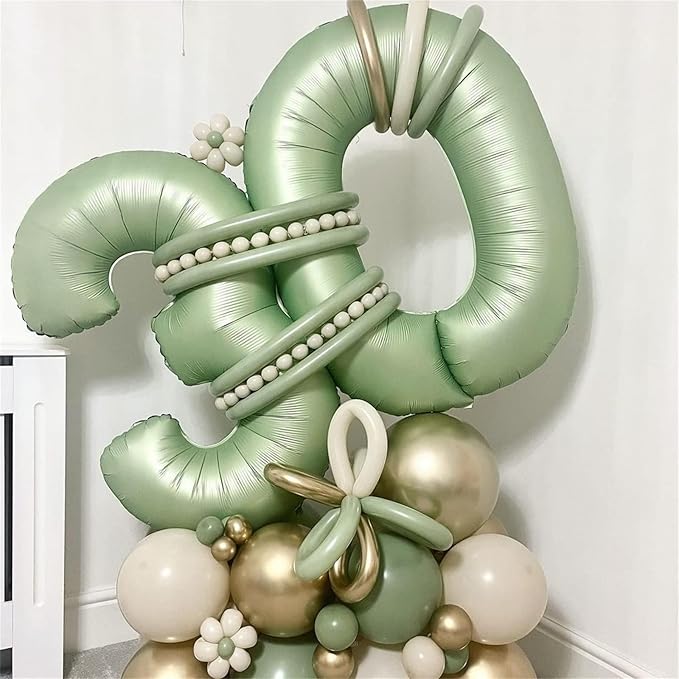 Sage Green Foil Balloon Number 7, 40'' Giant Self Inflating Number Balloons Set 0-9, Large Olive Green Number 7 Helium Balloon for Girls Boys 7th Birthday Jungle Safari Party Decorations Supplies