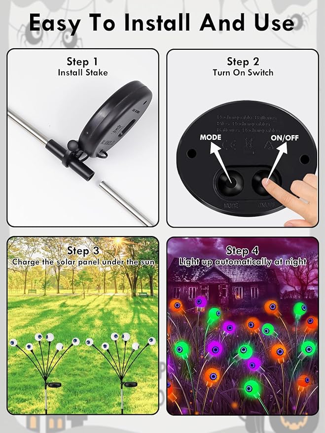 6 Pack Halloween Decorations Outdoor Solar Eyeball Lights, Purple Orange and Green Scary Eyeball Swaying Firefly Lights with 2 Modes, Waterproof Halloween Pathway Lights for Yard Garden Party Decor