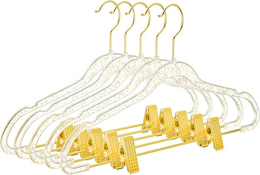 MIZGI Slim Gold Glitter Pants & Skirt Hangers (20 Pack) – Adjustable Gold Clips & Hooks, Transparent Non-Felt, Space-Saving for Dresses, Shirts, Blouses
