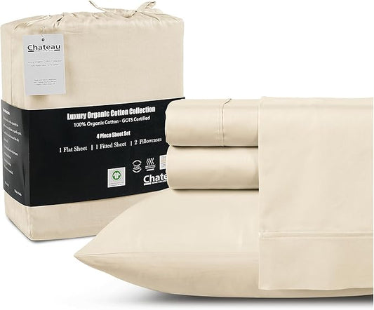 Twin XL 100% Cotton Sheets For Twin Bed, 300TC Fully Elasticated Fitted Sheet & Pillowcase Sets, Fade Resistant Soft & Comfy Deep Pocket Sheets Machine Washable, Naturally Cool & Breathable- Ivory
