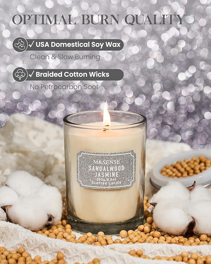 M&SENSE Sandalwood Jasmine Scented Candles, Christmas Candle 8.8 oz, Holiday Natural Candles Gifts for Women, 50 Hours Long Burning Candle for Winter Christmas Decor