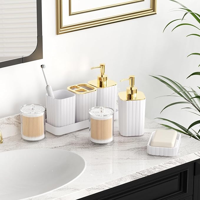 Bathroom Accessories Set - Gorgeous Bathroom Set, 10PC White Bathroom Accessory Set, Toilet Brush, Trash Can, Qtip Holder Dispenser & Soap Dispenser