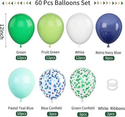 60Pcs Blue and Green Balloons, 12 Inch Navy Blue Fruit Green Confetti Balloons Teal Blue White Latex Balloon for Kids Birthday Baby Shower Jungle Dinosaur Theme Party Decorations