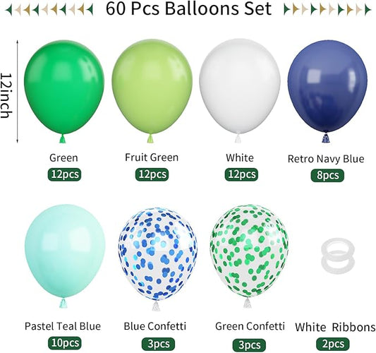 60Pcs Blue and Green Balloons, 12 Inch Navy Blue Fruit Green Confetti Balloons Teal Blue White Latex Balloon for Kids Birthday Baby Shower Jungle Dinosaur Theme Party Decorations