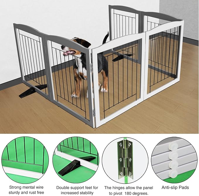 ZJSF Freestanding Dog Fence Indoor, Foldable Dog Gate for Doorways, Stairs or Hallways, Sturdy Wood Extra Wide Pet Gate with Support Feet for The House, Grey, 32 "Height-6 Panels