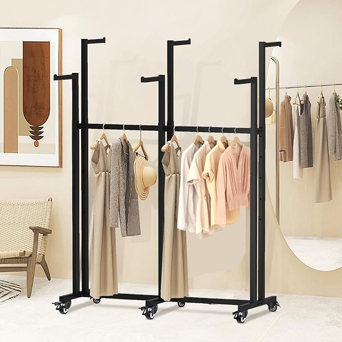 Metal Clothing Rack, 6 Arms Clothes Display Racks with Wheels, Adjustable Floor Standing Garment Rack From 46.85" to 64", Portable Retail Display Stand for Boutique Stores (Black, 6 Arm/45.66in)
