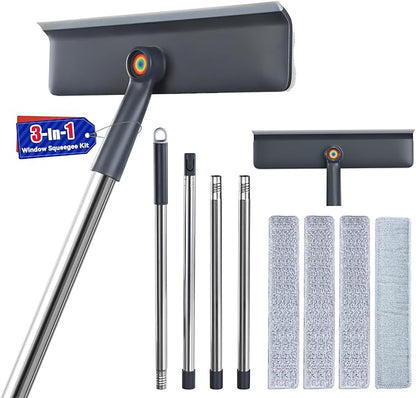 CTIME 62‘’ Window Washing Kit : 3 in 1 Window Squeegee for Home, Window Cleaning Kit with Scrubber&Rotating Head, Glass Cleaning Tools for Indoor/Outdoor with 3 Microfiber Cloths | Screen Brush