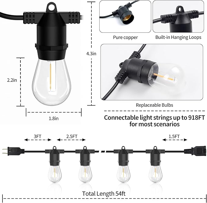 54FT LED Outdoor String Lights, IP65 Waterproof, S14 Shatterproof 27FT*2 Pack Outdoor String Lights (Maximum 918FT) Edison Vintage Bulbs Patio, Balcony, Deck, Garden Lights