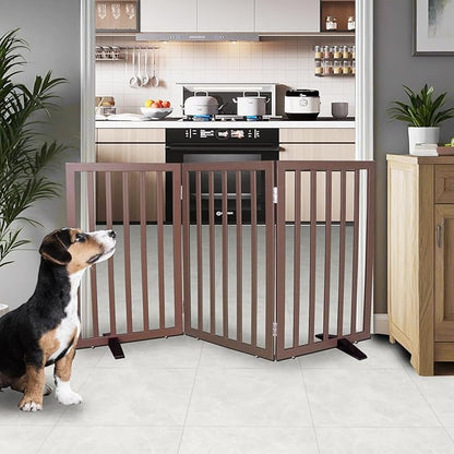 Dog Gate Indoor, Freestanding Dog Fence for The House, Doorways, Hallways,or Stairs,Pet Gate Foldable Wooden,Expandable 32" Height 3 Panels,Brown