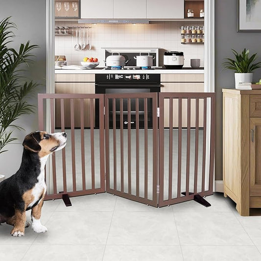 Dog Gate Indoor, Freestanding Dog Fence for The House, Doorways, Hallways,or Stairs,Pet Gate Foldable Wooden,Expandable 32" Height 3 Panels,Brown