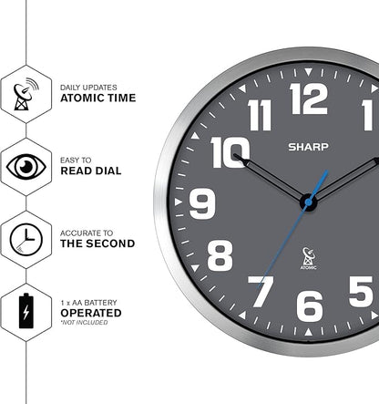 Sharp Atomic Analog Wall Clock - 12" Grey Face, Silver Brushed Finish - Sets Automatically- Battery Operated - Easy to Read - Easy to Use – Modern Design and Style