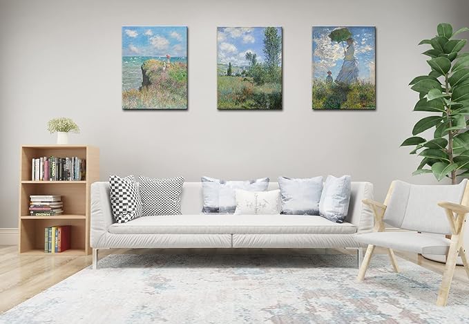 OKEXCKK Woman with a Parasol by Claude Monet - Oil Painting Impressionism Canvas Print Wall Art - Classic Artwork Pictures - 16"x24"x3 Panel