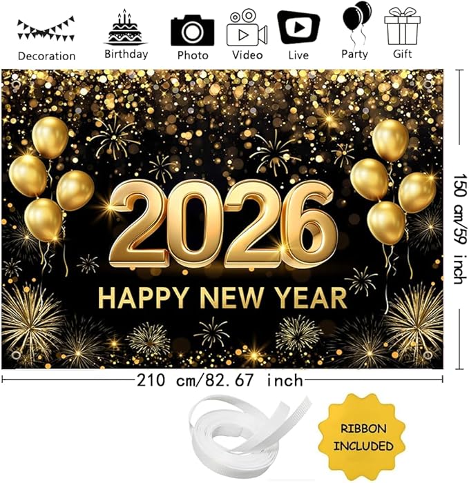 MEHOFOND 7x5 ft Black and Gold 2026 Happy New Year Backdrop Cheers to 2026 New Year Eve Glitter Photography Background Hello 2026 Party Balloon Fireworks Decor Banner Cake Smash Photo Props