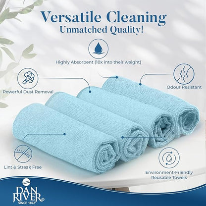 DAN RIVER 12-Pack Blue Microfiber Towels – Ultra Absorbent, Lint-Free & Streak-Free Cleaning Towels for Home, Car & Kitchen - Must-Have Cleaning Essentials - 12" x 12"
