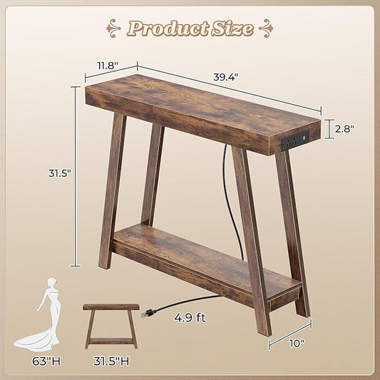 Huuger Console Table with Charging Station, USB-C Port, 2 Tiers Entryway Table, 39.4 Inch Sofa Table with Metal Legs, Entry Hallway Table with Thicker Desktop, Behind Couch Table, Rustic Brown
