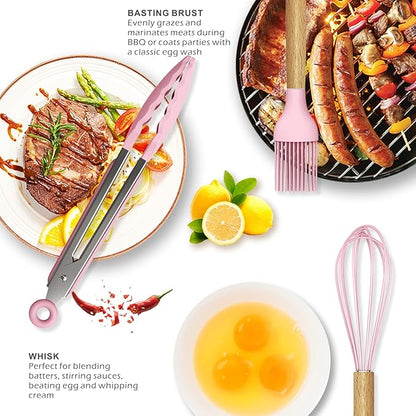 Silicone Kitchen Utensils Set - 446°F Heat Resistant Cooking Utensil Sets, Spatula,Turner,Tongs,Spoon,Brush,Whisk, Wooden Handle Silicone Kitchen Gadgets Tools for Non-Stick Cookware BPA Free (Pink)