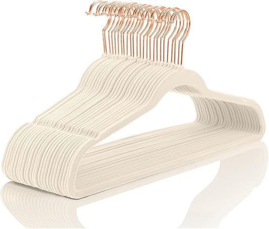 MIZGI Premium Velvet Hangers (60 Pack) Heavy Duty - Non Slip Felt Hangers - Velvet Suit Hanger Ivory - Rose Gold Hooks,Space Saving Clothes Hanger