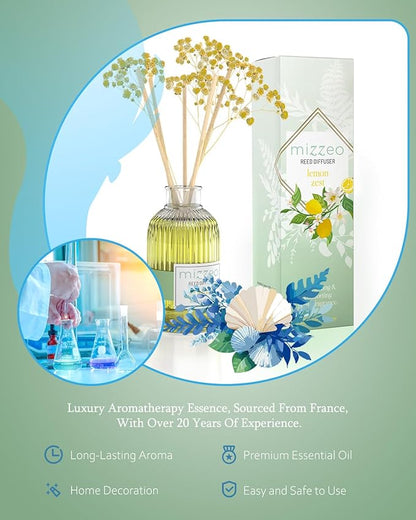 MIZZEO Reed Diffuser Set, Lemon Zest 6.76 fl oz Highly Scented Room Diffuser Home Fragrance Essential Oil Reed Flower Diffuser, House Bedroom Office Decor & Gifts