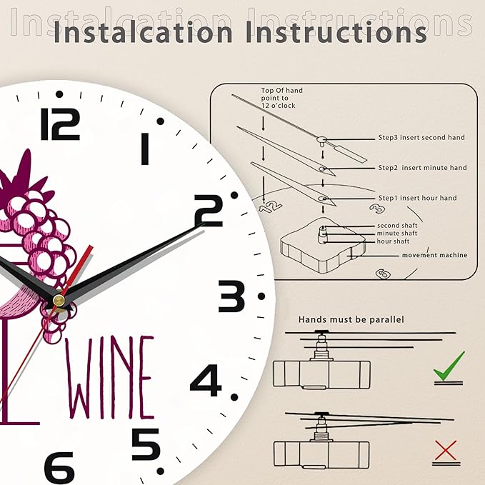 Wine Cup with Grapes Wall Clocks Wooden Wall Clock Art Hanging Clocks Silent Non-Ticking Wall Clock Battery Operated Round Home Arabic Numeral Decorative Wall Clocks 10 Inch