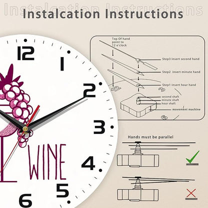 Wine Cup with Grapes Wall Clocks Wooden Wall Clock Art Hanging Clocks Silent Non-Ticking Wall Clock Battery Operated Round Home Arabic Numeral Decorative Wall Clocks 10 Inch