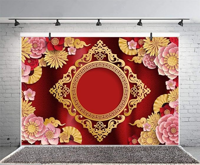 AOFOTO 12x10ft Chinese New Year Backdrop Red and Gold Paper-cuts Floral Lucky Clouds Traditional Spring Festival Asian Lunar New Year Background Room Decoration Banner Kid Portrait Photo Shoot Props