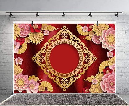 AOFOTO 10x6.5ft Chinese New Year Backdrop Red and Gold Paper-cuts Floral Lucky Clouds Traditional Spring Festival Asian Lunar New Year Background Room Decoration Banner Kid Portrait Photo Shoot Props