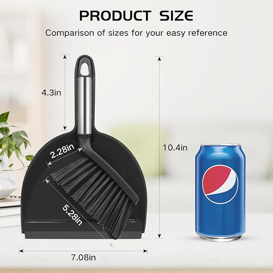 NACENA Mini Broom and Dustpan Set, Small Dust Pan and Brush Set with Handle Dustpan Teeth for Cleaning Hair Suitable for Office Desks Drawers Sofas Outdoor Camping, Black